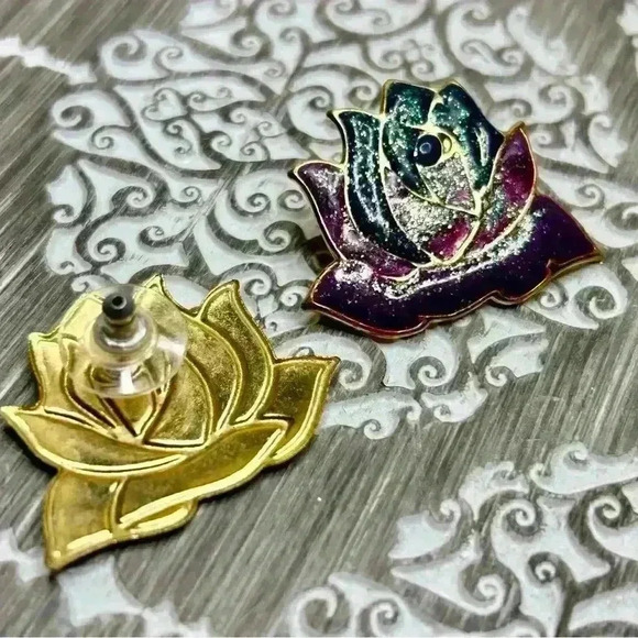 Gold Tone Multi Color Glitter Lotus Earrings - Picture 3 of 3